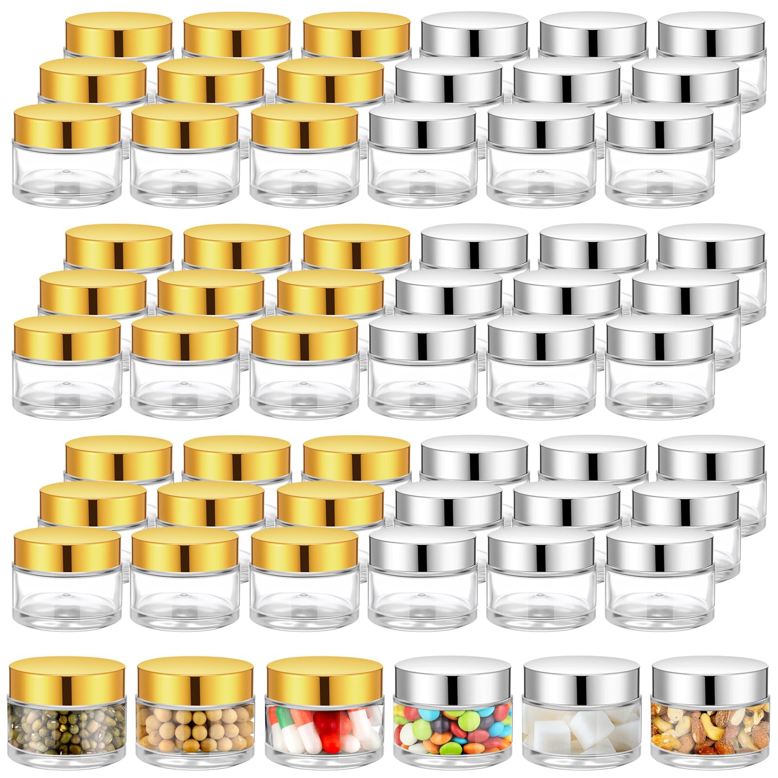 Photo 1 of Meanplan 60 Pack 2 oz Glass Jars with Lids Bulk Small Sample Candle Cosmetic Jars with Inner Liners for Travel Empty Salve Tins Storage Container for Creams, Lotion, Candle Making, Food (Gold Silver)
