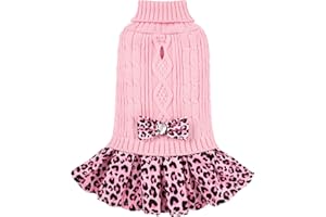 WOYYHO Dog Sweater Stretchy Pullover Small Dog Sweater Comfy Turtleneck Dog Sweater for Small Dog Warm Puppy Sweater with Bowtie Soft Knitwear Dog Sweater Dress (S, Pink Leopard)