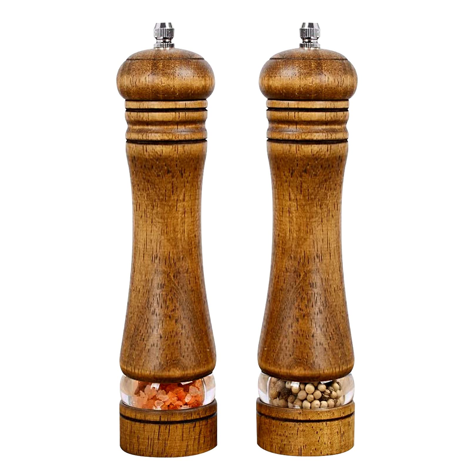 Haomacro Salt and Pepper Mills Set, Large Capacity Salt and Pepper Grinders, 8 inch Manual Wood, with Adjustable Coarseness(2 Pack)
