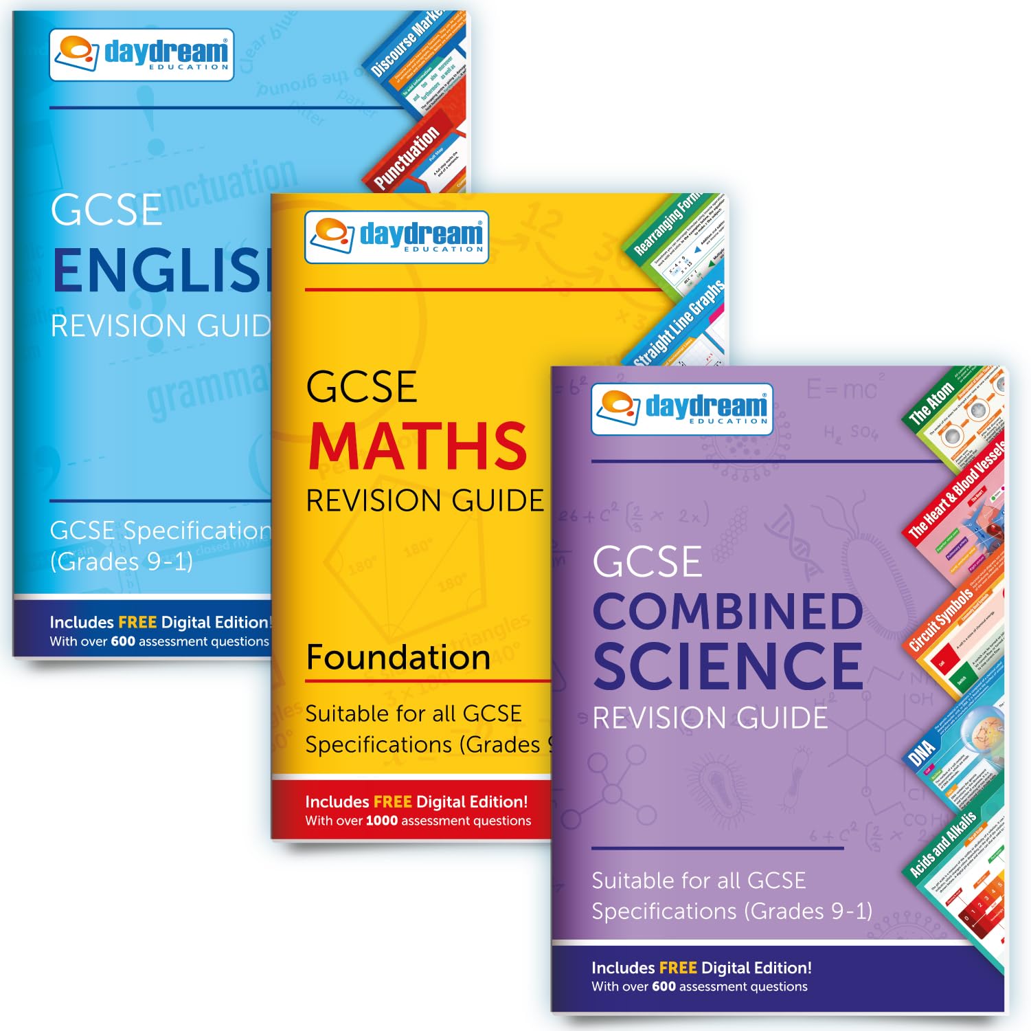 Daydream Education GCSE English, Maths (Foundation) & Science Revision Guide Pack, FREE Digital Editions with Over 2,000 Assessment Questions! - for 2026-2027 exams (Pack of 3)