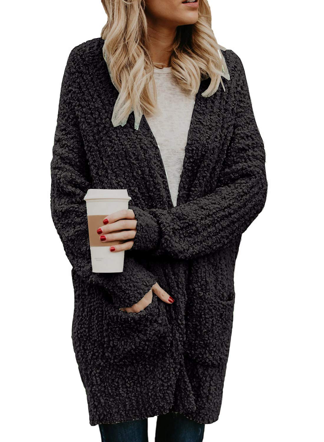 Women's Soft Open Front Sweater Cardigans Popcorn Chunky Knitted Long Outwear with Pockets