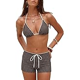 ZAFUL Womens 2 Piece Swimsuits Halter Triangle Top with Boyshorts String Cute Plaid Floral Print Bathing Suits Bikini Sets