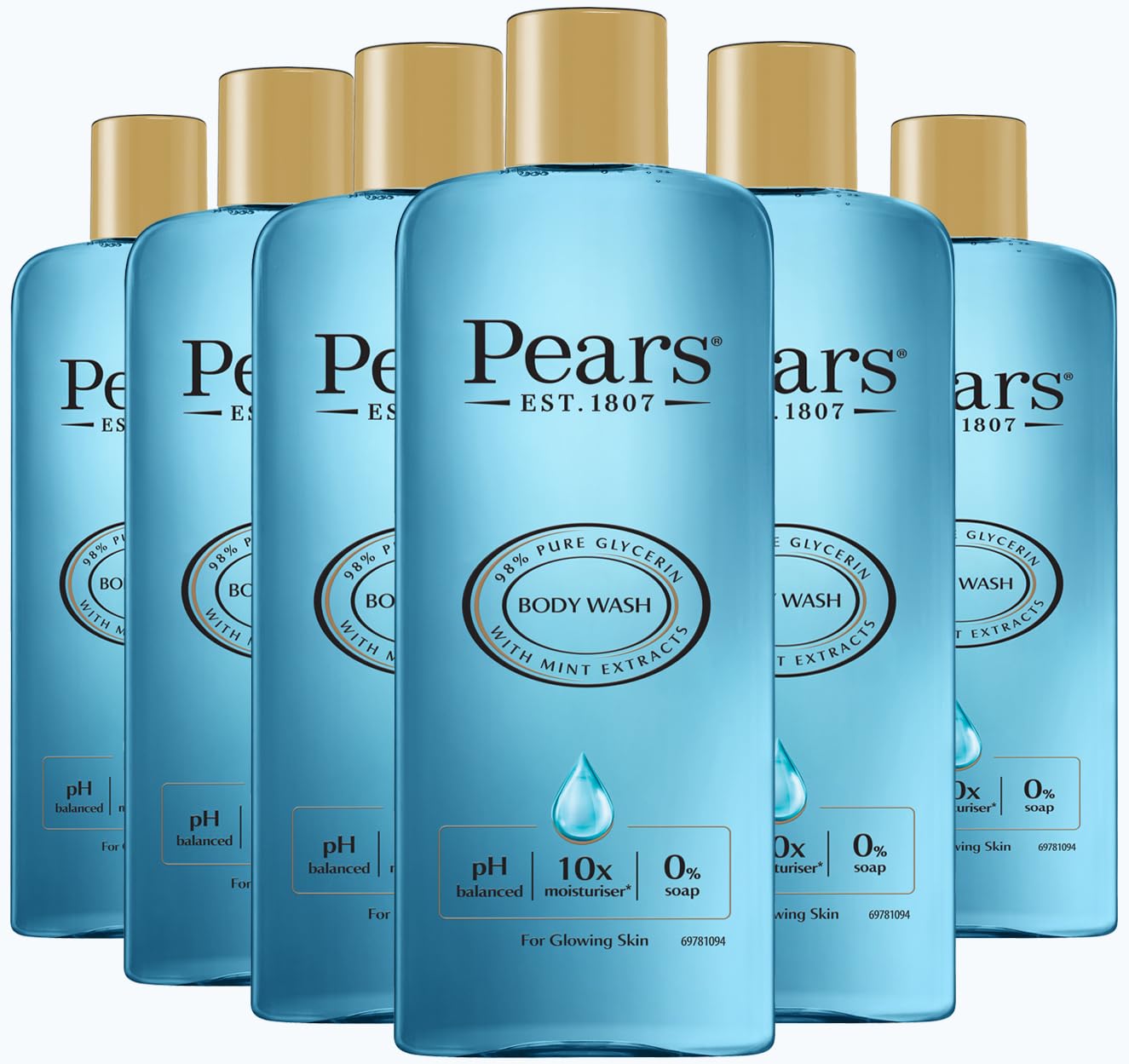Pears Pure & Gentle Body Wash with Fresh Mint Extract - Nourishing Gel Cleanser with 10x More Moisturiser* - Beauty Bath for Moisturising Care - Suitable for Men and Women - 250ml (6 Pack)