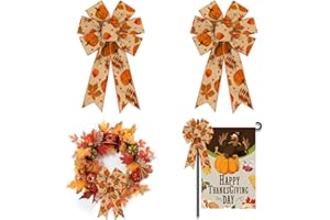 ALIBBON 2Pcs Fall Bows for Wreaths, Thanksgiving Wreath Bows, Orange Bows, Pumpkin Leaves Bows for Front Door, Fall Thanksgiving Decor, Burlap Bows for Wreath Indoor Outdoor Wall Decorations