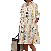 Womens Shirt Dresses 2025 Summer Patterned Print Casual V Neck Long Sleeve Cocktail Party Trendy Dress with Pocket