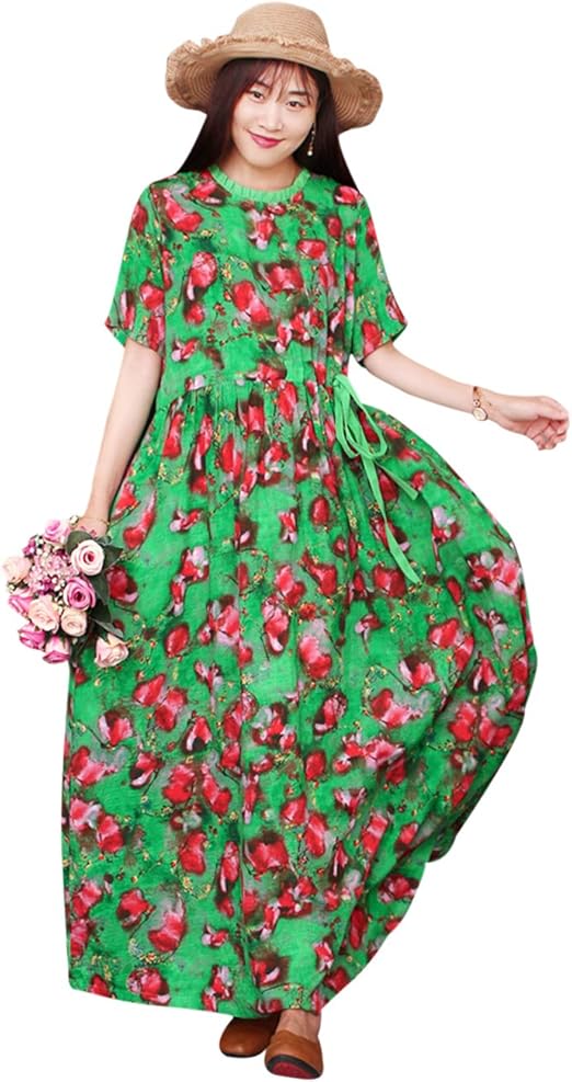 YESNO Women Long Maxi Bohemia Floral Dresses Short Sleeve Summer Swing Dress Casual Plus Size 