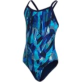 Sporti Girls' Athletic Thin Strap One-Piece Swimsuit, Abstract Printed Suit | Lycra Xtra Life, No Built-in Cups, UPF 50+, V Back, Moderate Coverage, Fully Lined, Flat-locked Seams, Training &amp; Competition