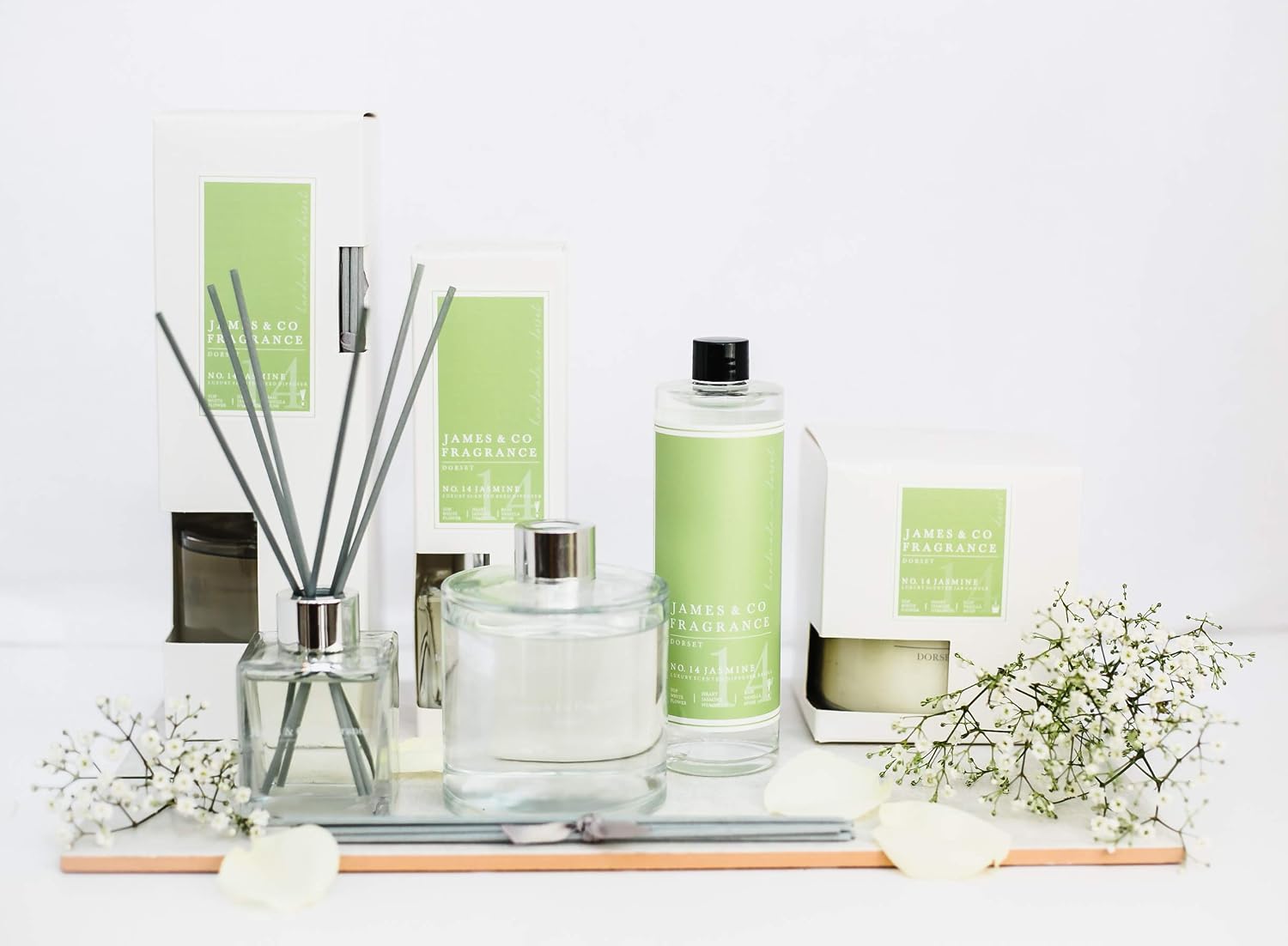 James & Co No.14 Jasmine (Jasmine & White Lily) 200ml Reed Diffuser Refill Bottle with 6 Fibre Reeds, Green - Image 5