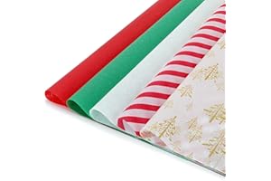 LOADSFUN 120 Sheets Christmas Tissue Paper for Gift Bags, Christmas Wrapping Paper Bulk Assorted Design Gift Xmas Tissue Paper, Red Green White Tissue Paper for Holiday Crafts (Gold Xmas Tree)