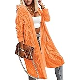 WIFFGO Hooded Open Front Cardigan for Women Cable Knit Sweaters Chunky Pocketed Oversized Knee Length Long Coats, Large, I:orange