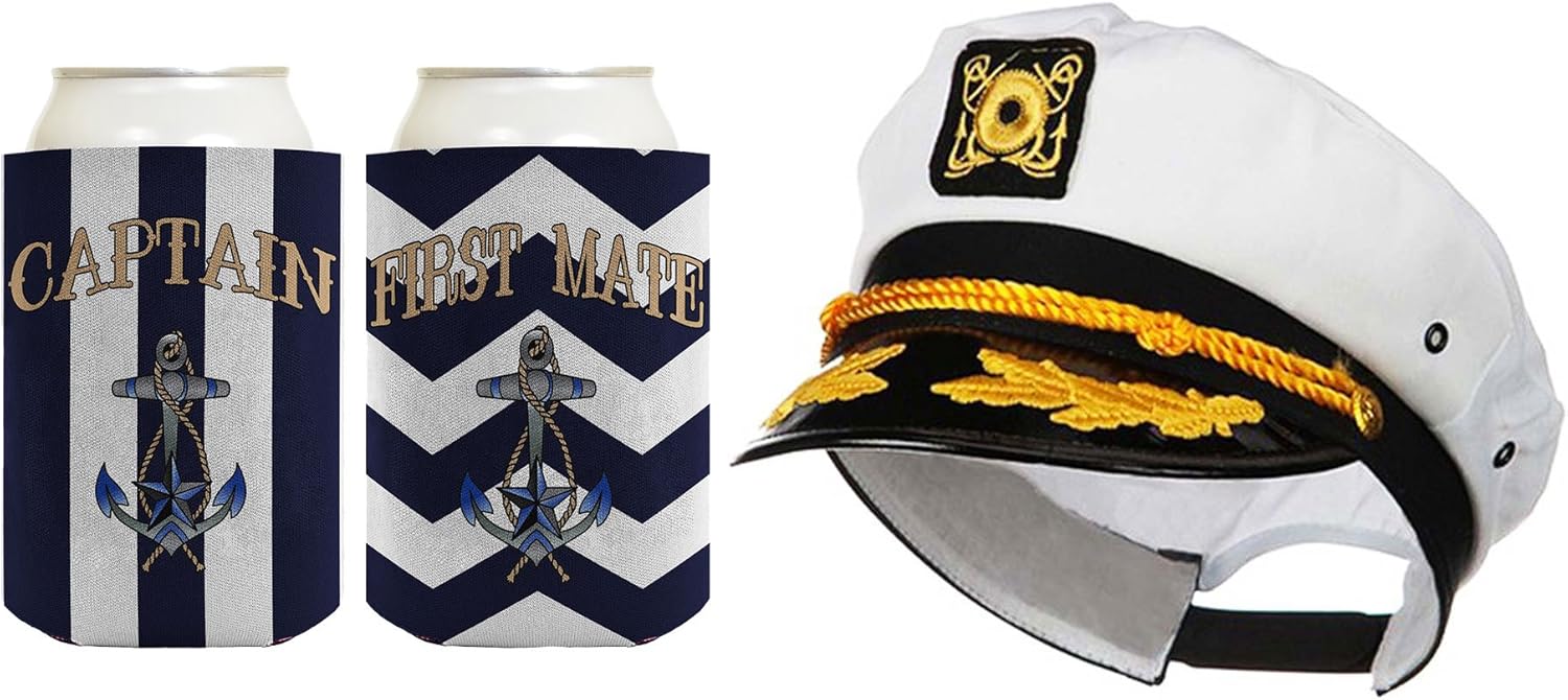 Captain Hat Yacht Cap Funny Beer Coolie Captain and First Mate Can Coolie Bundle