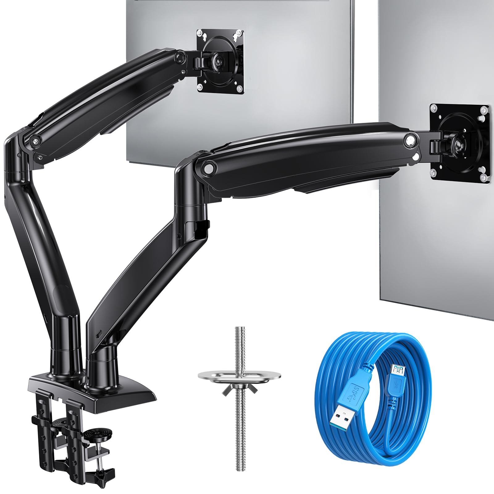 Photo 1 of HUANUO 13 to 40 Inch Dual Monitor Arm for 2 Ultrawide Screens, Height Adjustable Full Motion Stand with 2 USB Port, VESA 75/100mm Mount, Holds up to 26.4lbs per Arm, Black