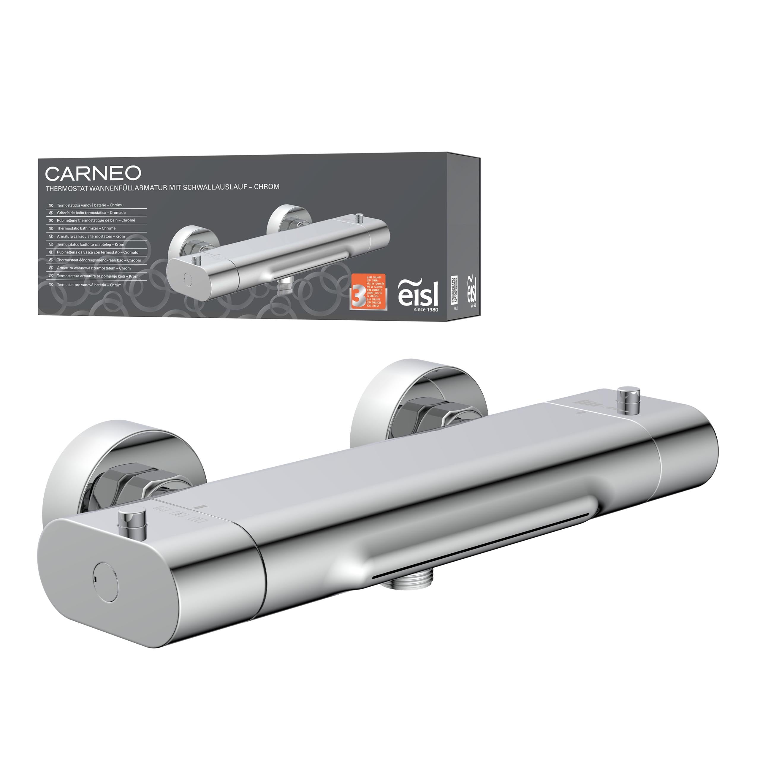 EISL Carneo Bath Mixer Tap with Thermostatic Regulation, Waterfall Spout, Safety Lock at 38°C, Lower Risk of Shock Due to Short Overhang, Chrome — image 1