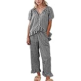 APRTEAK Womens 2 Piece Gingham Pajamas Set Cute Plaid Pjs Cotton Short Sleeve Babydoll Shirt Ruffle Pants Lounge Sets