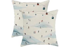 Skiers Throw Pillow Covers Set of 2, Winter Outdoor Ski Lift Mountains Winter Blue Soft Velvet Washable Pattern Pillow Covers