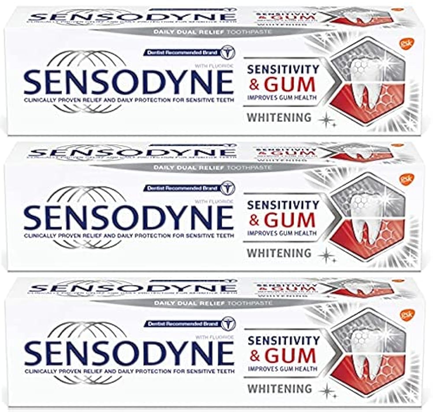 3 X Sensodyne Sensitive Toothpaste Sensitivity & Gum Whitening 75 Ml