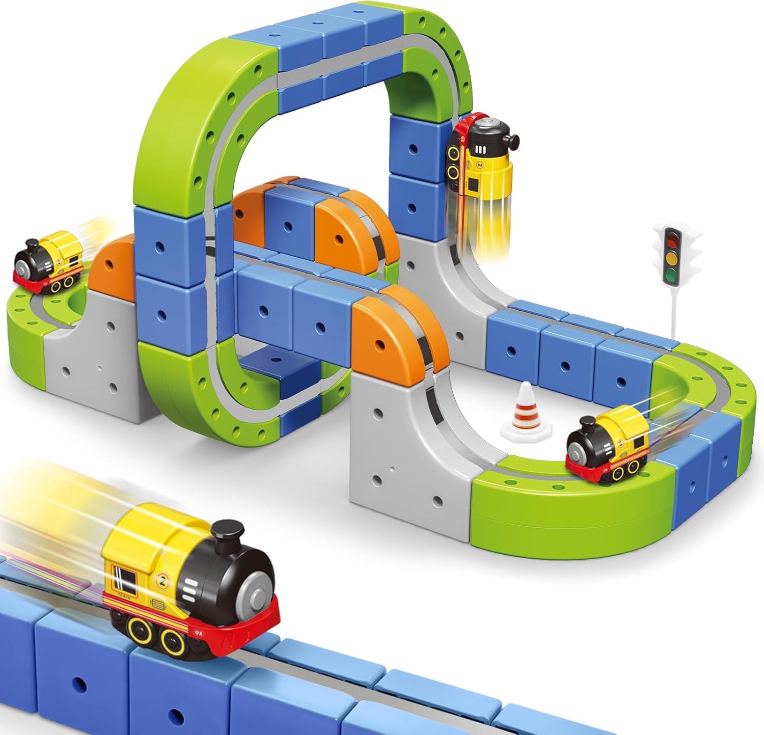 Klick Rail Electric Train Set, 69PCS Magnetic Flexible Race Car Track Toys with Traffic Signs, STEM Magnetic Building Blocks Car Track, Montessori Magnet Train Set Toys for Toddlers 3 4 5 6 7 (69PCS)