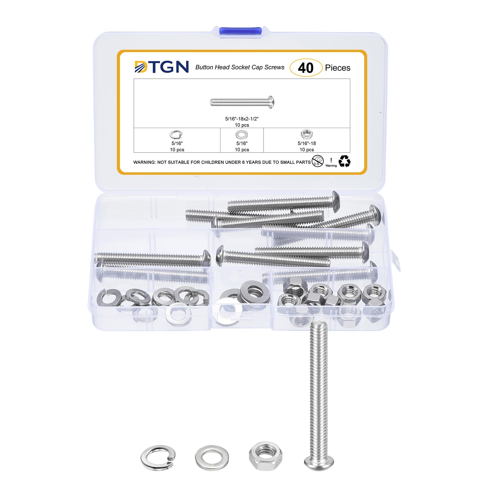 DTGN 40Pcs 5/16-18x2-1/2" Button Head Socket Cap Screws - 304 Stainless Steel Bolt Nut Set Washer Assortment Kit - Good for Road Bicycle, Mountain Bike, Auto