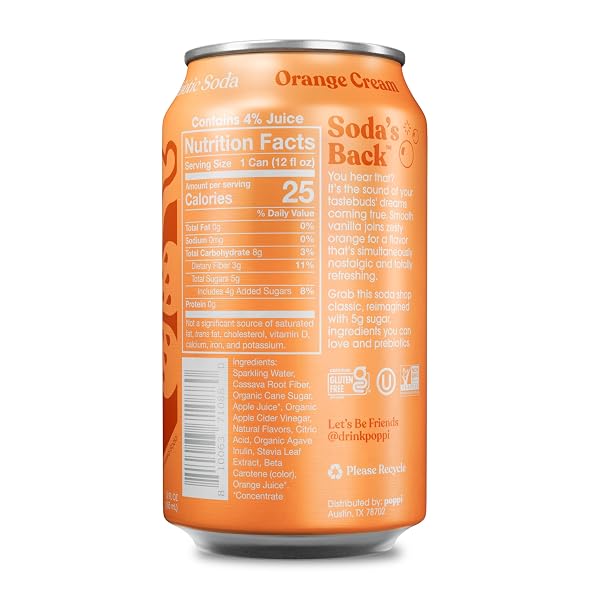POPPI SPARKLING PREBIOTIC SODA BEVERAGE WITH APPLE CIDER VINEGAR, SELTZER WATER AND FRUIT JUICE, ORANGE CREAM FLAVOR, 12 FL OZ, 1 COUNT, PACKAGING MAY VARY