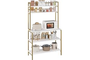 BOTLOG Bakers Rack with Storage, 5-Tier Free Standing Kitchen Shelves, Industrial Coffee Bar with Hutch, Microwave Oven Stand Countertop Organizer for Spice (White)