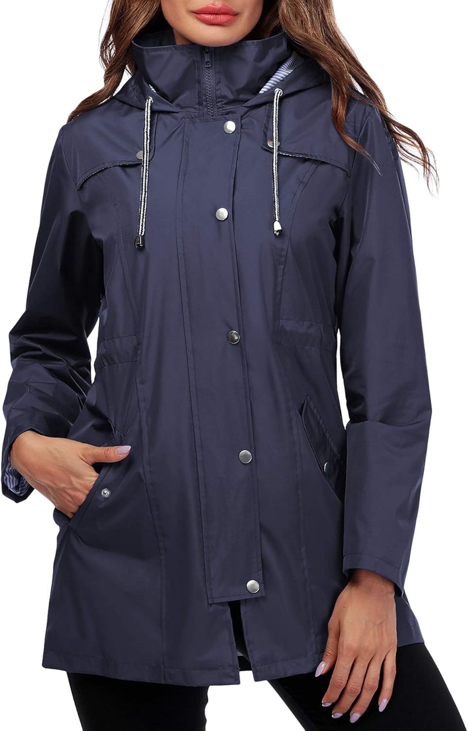 Doreyi Women Rain Jacket Striped Lined Hooded Lightweight Outdoor