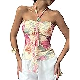 MakeMeChic Women's Floral Halter Tops Tie Backless Ruched Fitted Summer Tank