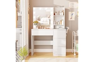 Fameill Makeup Vanity with Lights, 4 Drawers Makeup Table with Lighted Mirror, 37inch Vanity Desk with Power Strip, 3 Lighting Modes, White