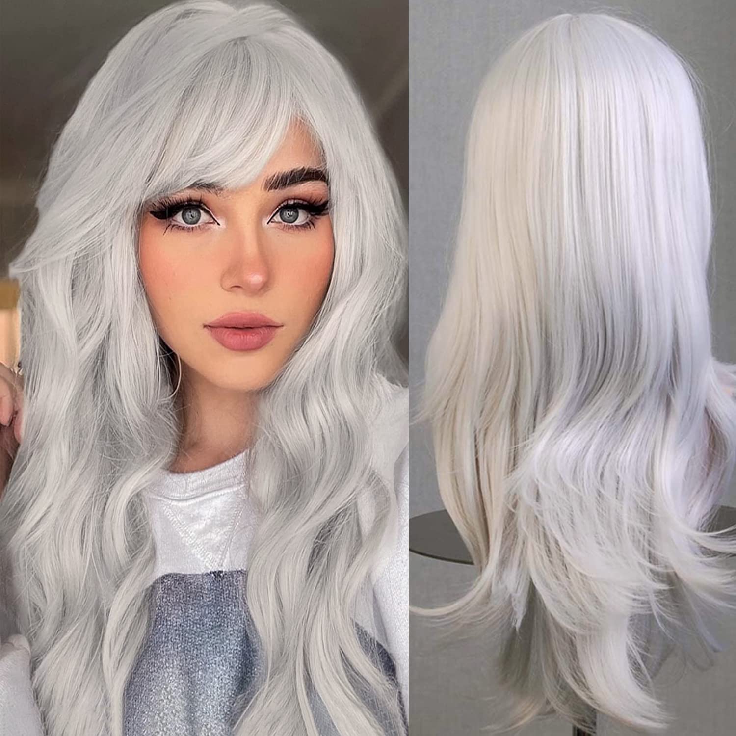 Colorfulpanda 28" 70cm Long Grey Curly Full Wavy Hair Wig Anime Cosplay Halloween Costume Party Synthetic Wigs for Women Silver White — image 1