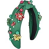 Krfapt Jeweled Plaid Headband with Embellished Crystals and Pearls - Knotted Wide Top Knot Hair Accessory for Women, Holiday Outfits & Gifts （Green）