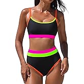 popvil Neon Two Piece Swimsuit for Women 2026 High Waisted Bikini Sets Sporty Ribbed Color Block Bathing Suit