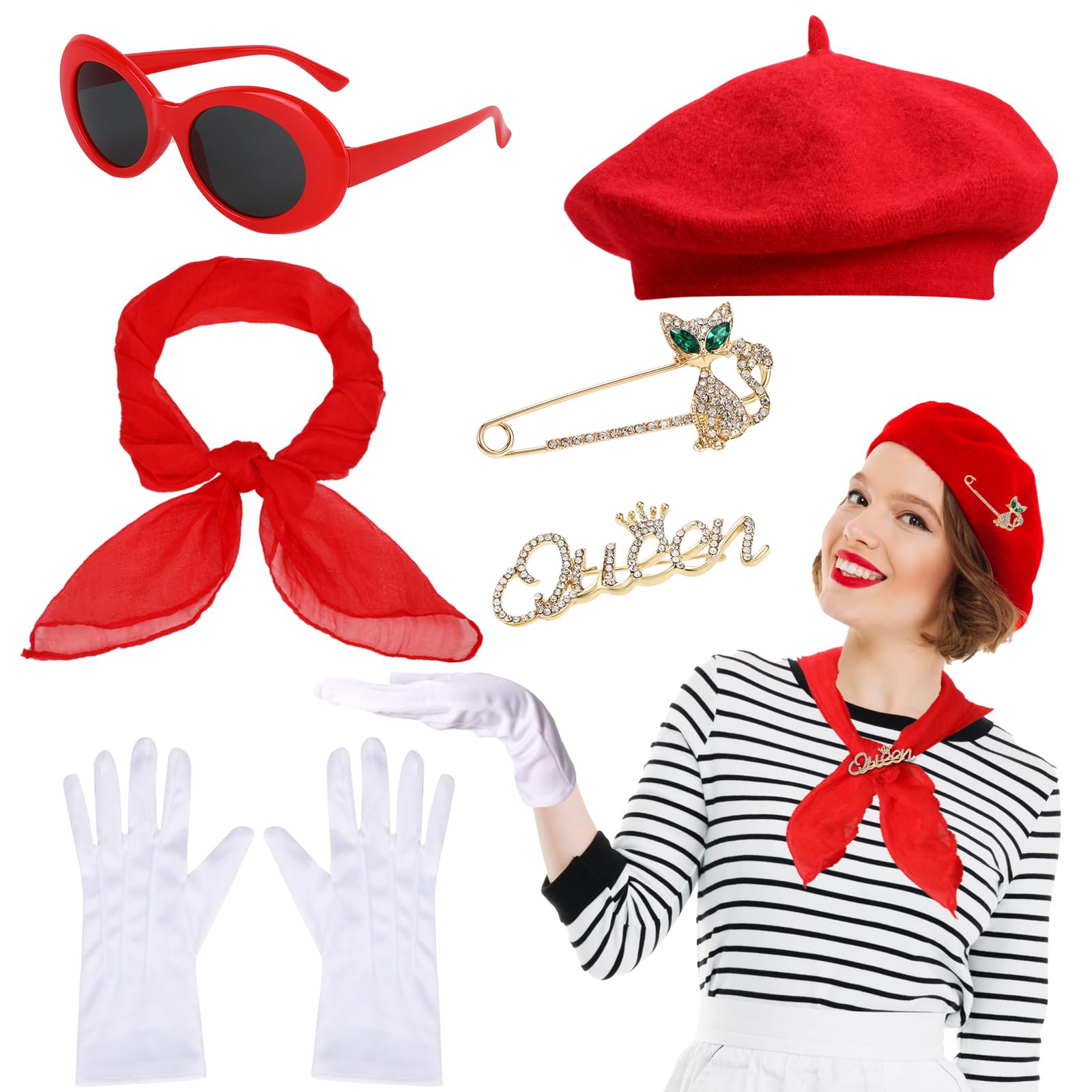 XEPST 6PCS French Artist Mime Kit - Women's Fancy Dress with Beret, Sunglasses, Scarf, Gloves for Girls Halloween, Cosplay, Carnival