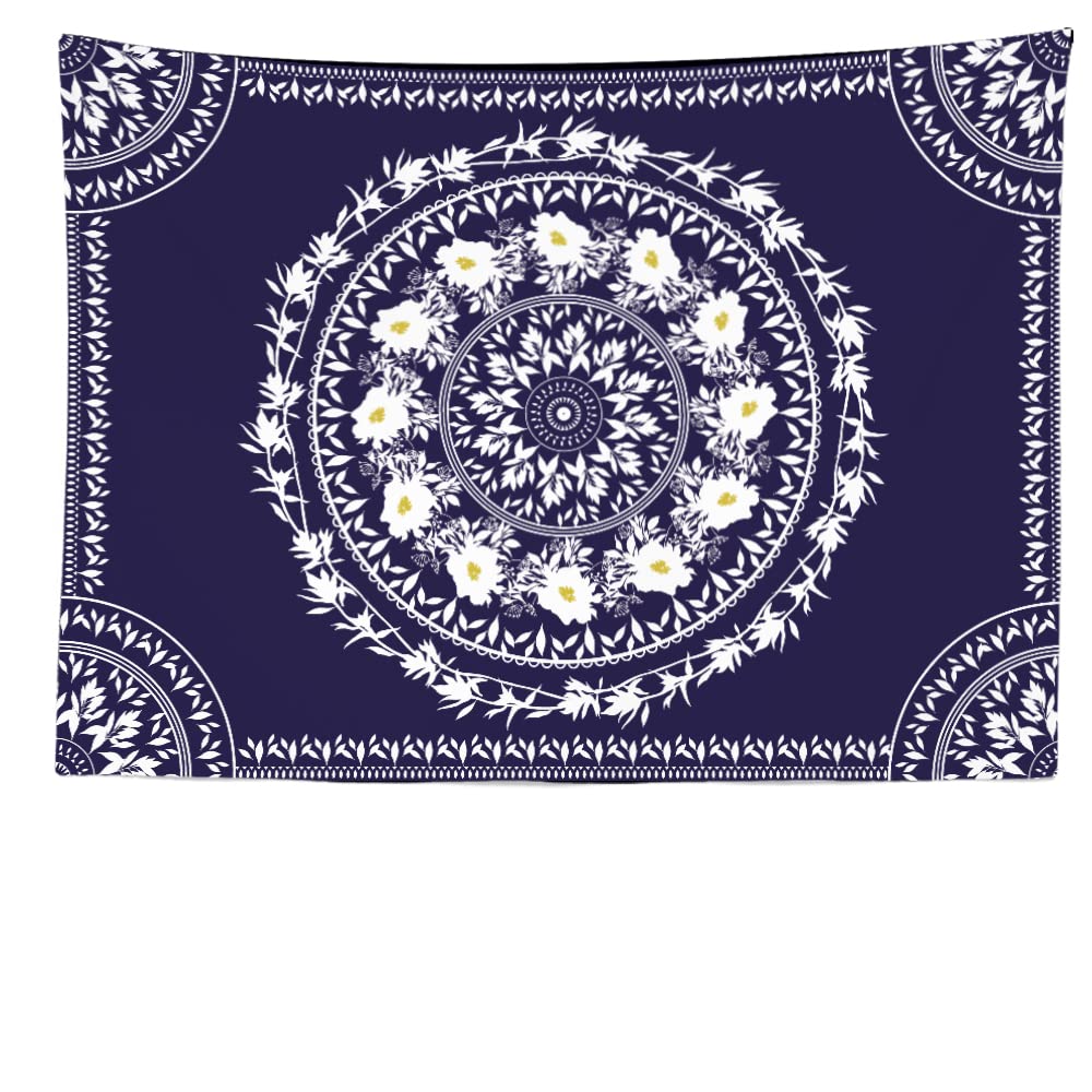 Ulticool - Mandala Flowers White Leaves Nature - Tapestry - 200 x 150 cm - Large Tapestry - Poster Decoration - Hippie Accessories Bohemian - Decoration - Cloth - Blue — image 1