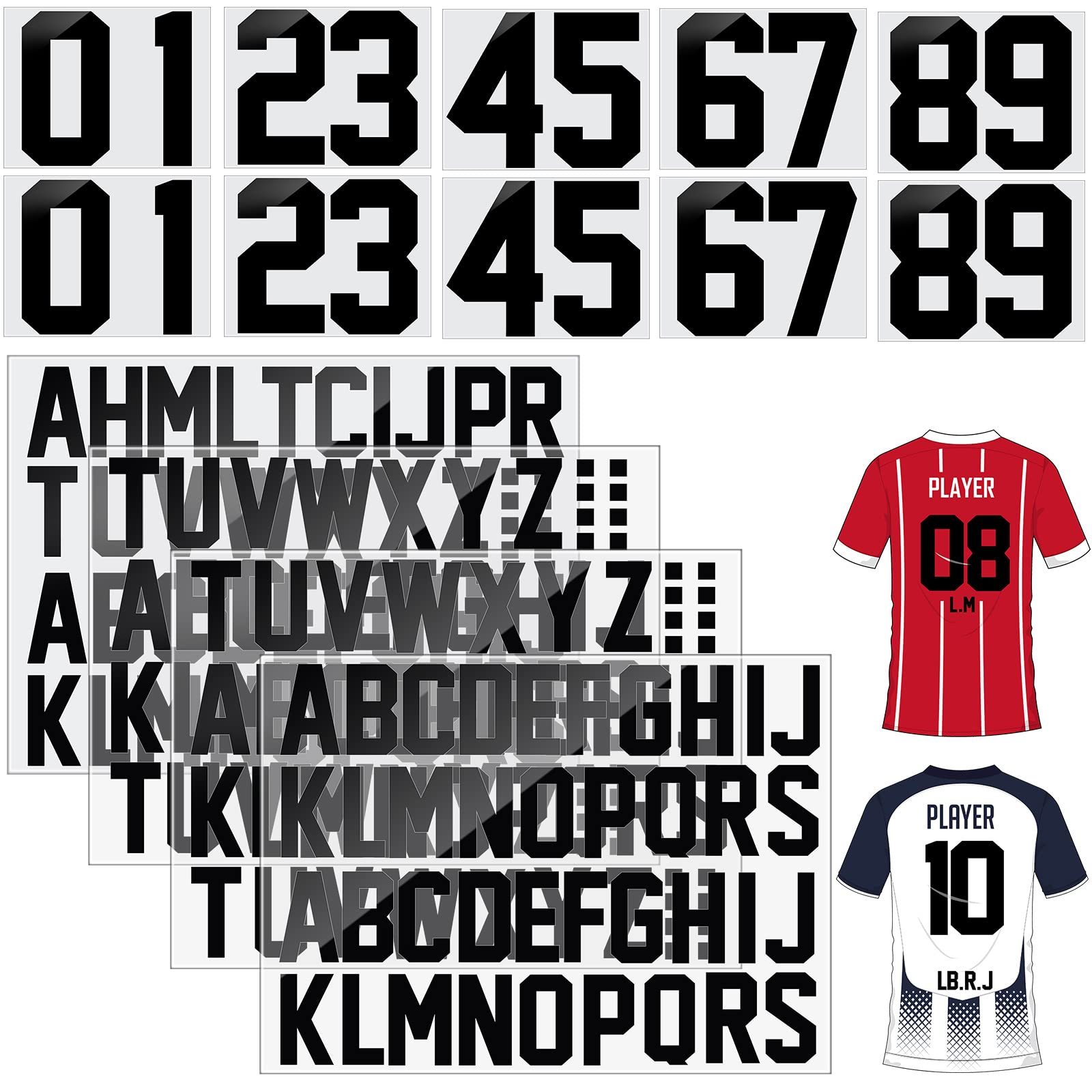 Photo 1 of 18 Sheets 216 Pieces 8 Inch Iron On Numbers T-Shirt 2 Inch Iron On Letters Patches Kit, 0 to 11 Iron-on Numbers A to Z Heat Transfer Letters for Jersey Football Baseball T-Shirts Team Name (Black)