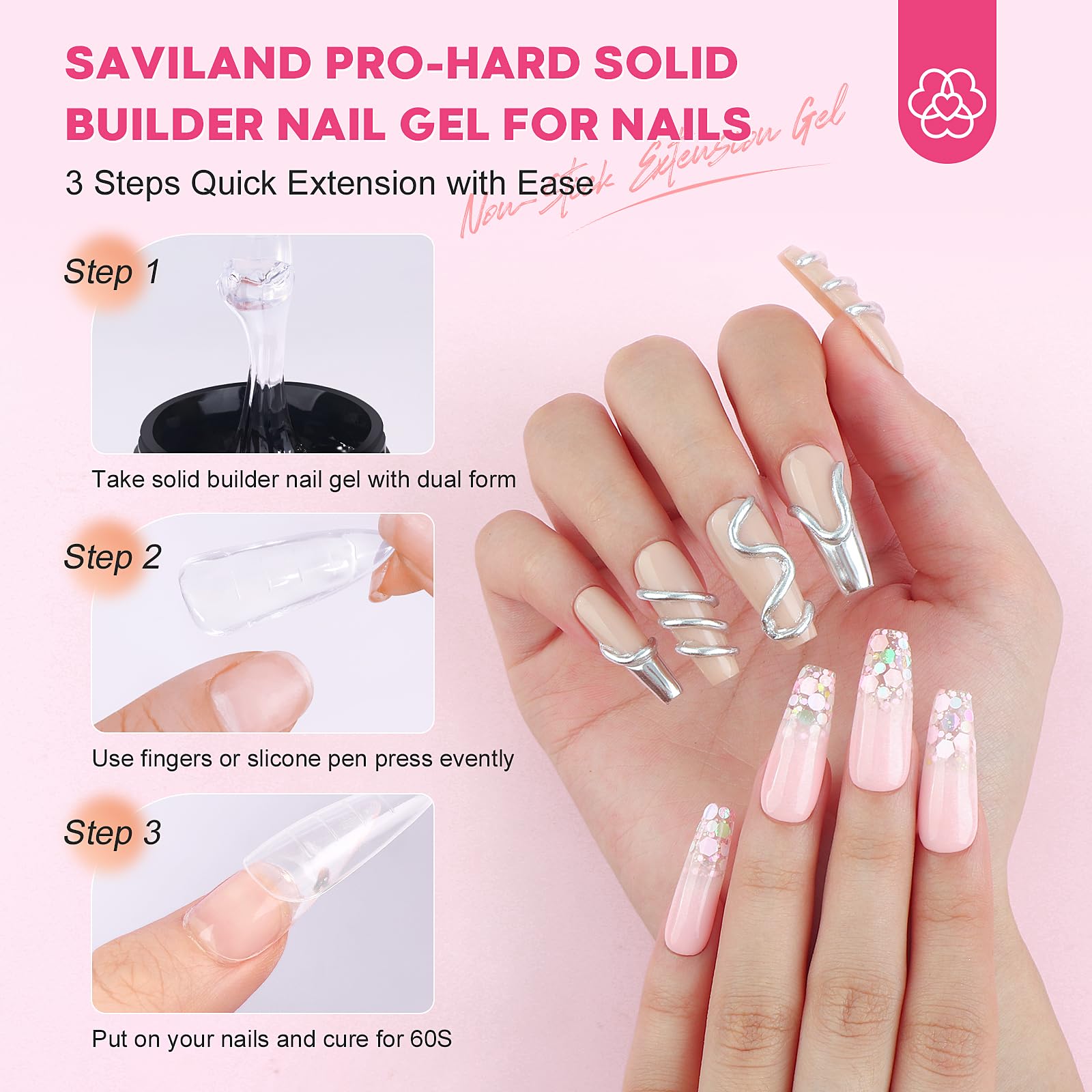 SAVILAND PRO-Hard Solid Builder Nail Gel for Nails: 2024 Ultra-Strength | Non-Sticky | Clear 3D Nail Gel with U V Lamp for 3D Nail Carving Emboss & Fast Extension Professional Use Salon - Image 6