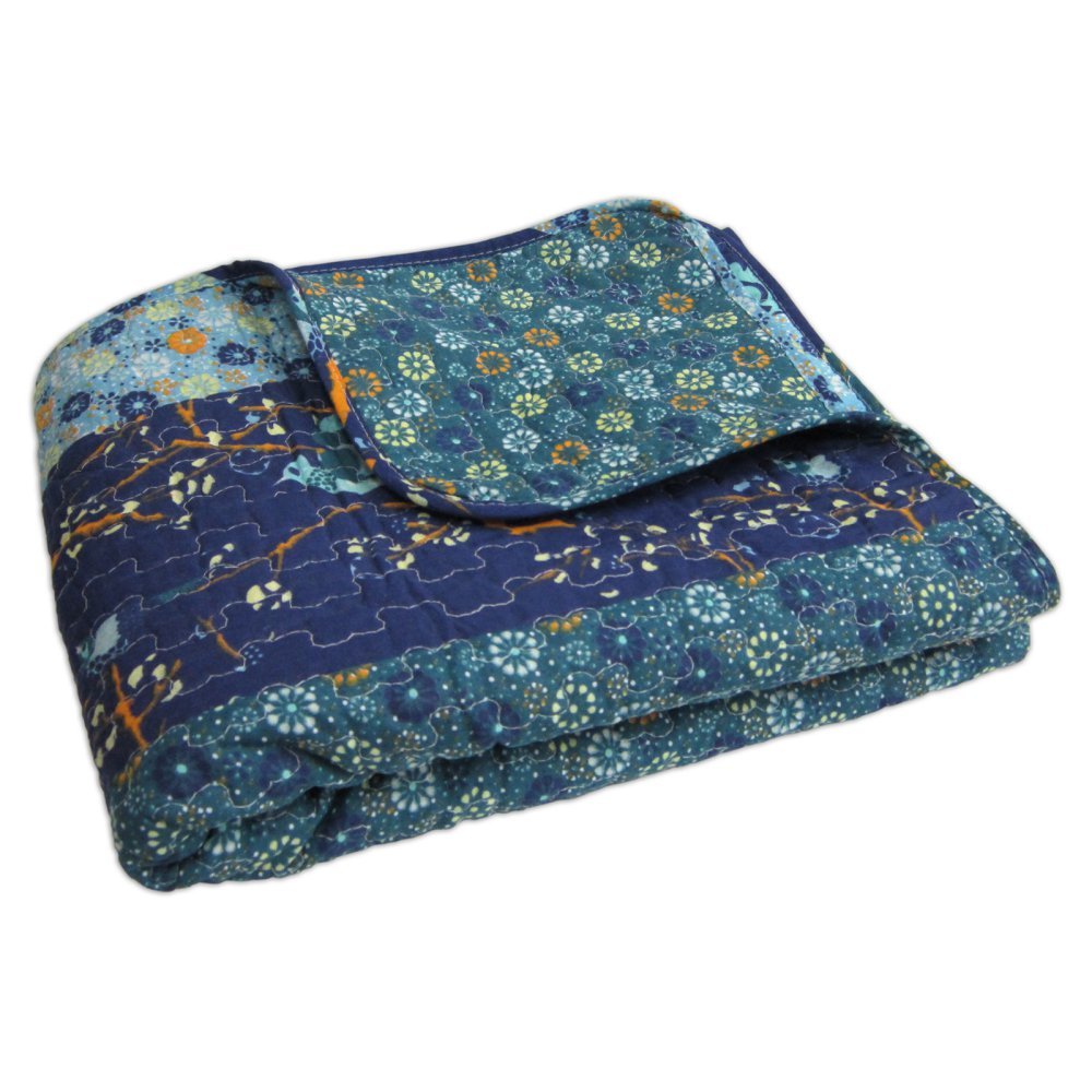 Lush Decor Royal Empire Throw-Floral Stripe Reversible Design Blanket-60” x, Peacock Blue, Cotton, 50-Inch