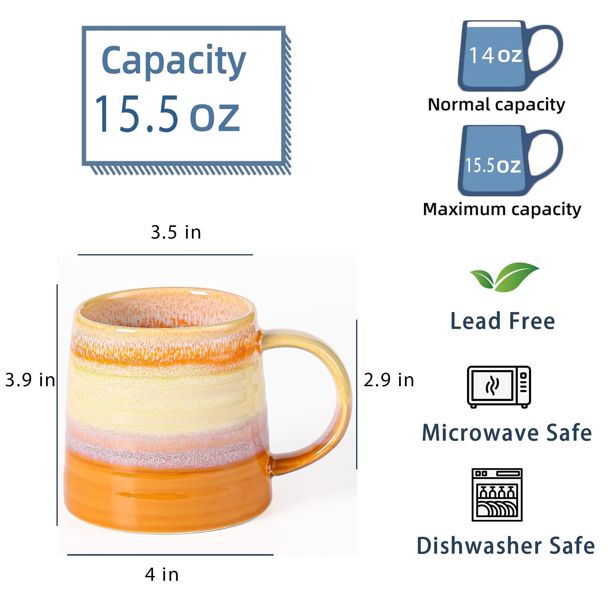 Large Ceramic Coffee Mug, Handmade Pottery Mugs, Tea Cups with Big Handle for Office and Home, 15.5 oz, Dishwasher and Microwave Safe (Orange)