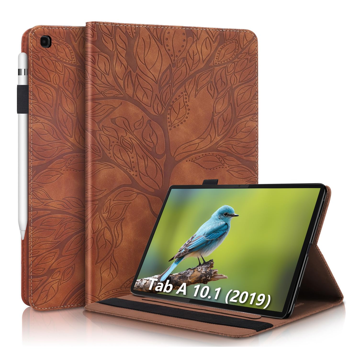 Aswant Samsung Tab A 2019 10.1 Inch Case PU Leather Case Folip Flip Cover Embossed Tree Wallet Card Slot Case with Pen Holder Tablet Case For Samsung Galaxy Tab A 10.1" 2019 SM-T510 / SM-T515 - Brown