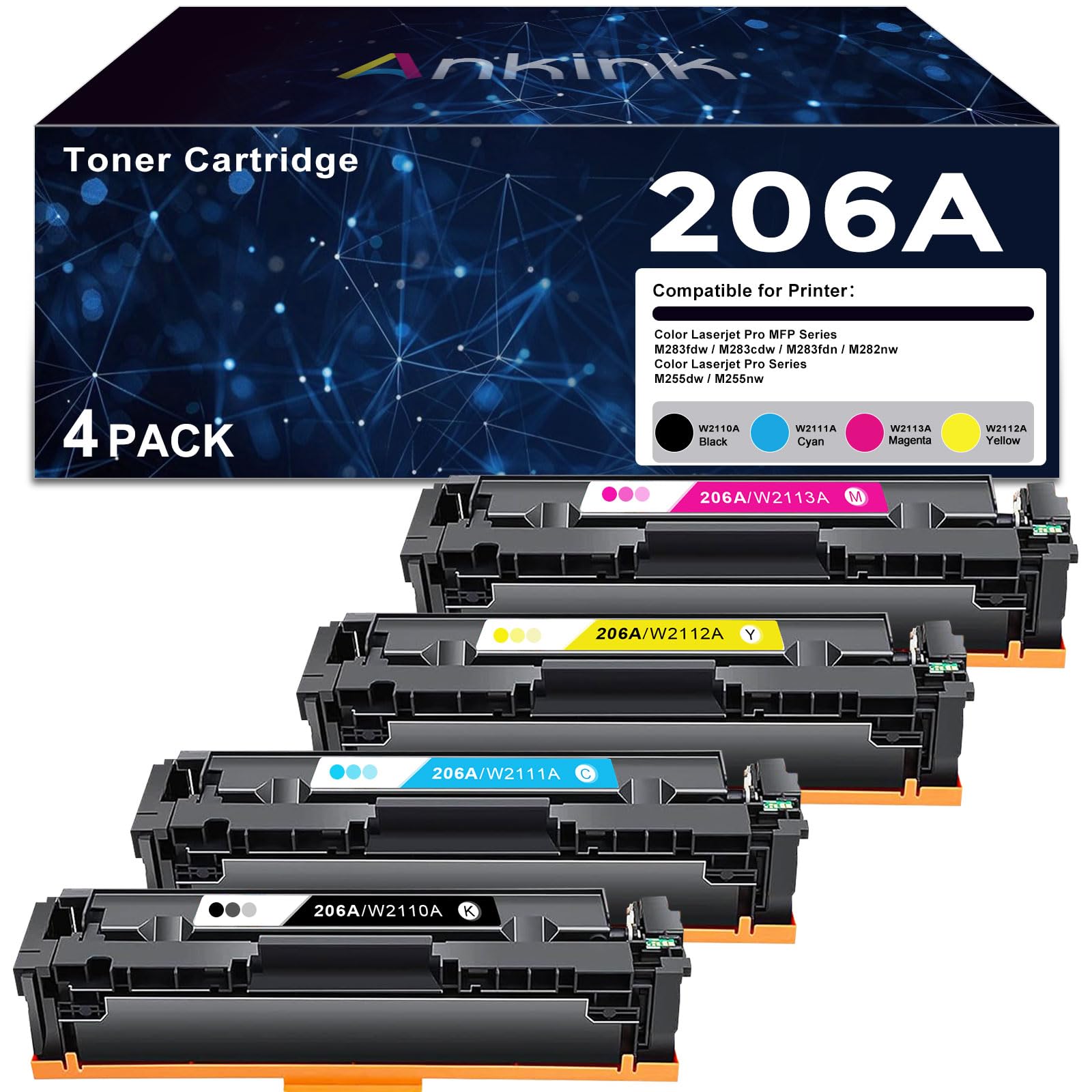 Photo 1 of 206A Compatible Toner Cartridge with Chip Replacement for HP 206X HP206A for Color Laserjet Pro MFP M283fdw M283cdw Pro M255dw M255nw M283 M255 | W2110A| W2110A(Black Cyan Yellow Magenta, 4-Pack Set)