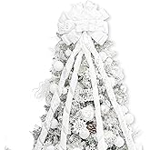 Hismir Christmas Tree Topper Bow,53x13 Inches Large Christmas Bow with Glitter Streamer and Patterned Ribbon,Decorative Bows for Xmas Tree Wreath Door Festival Home Decor(White)