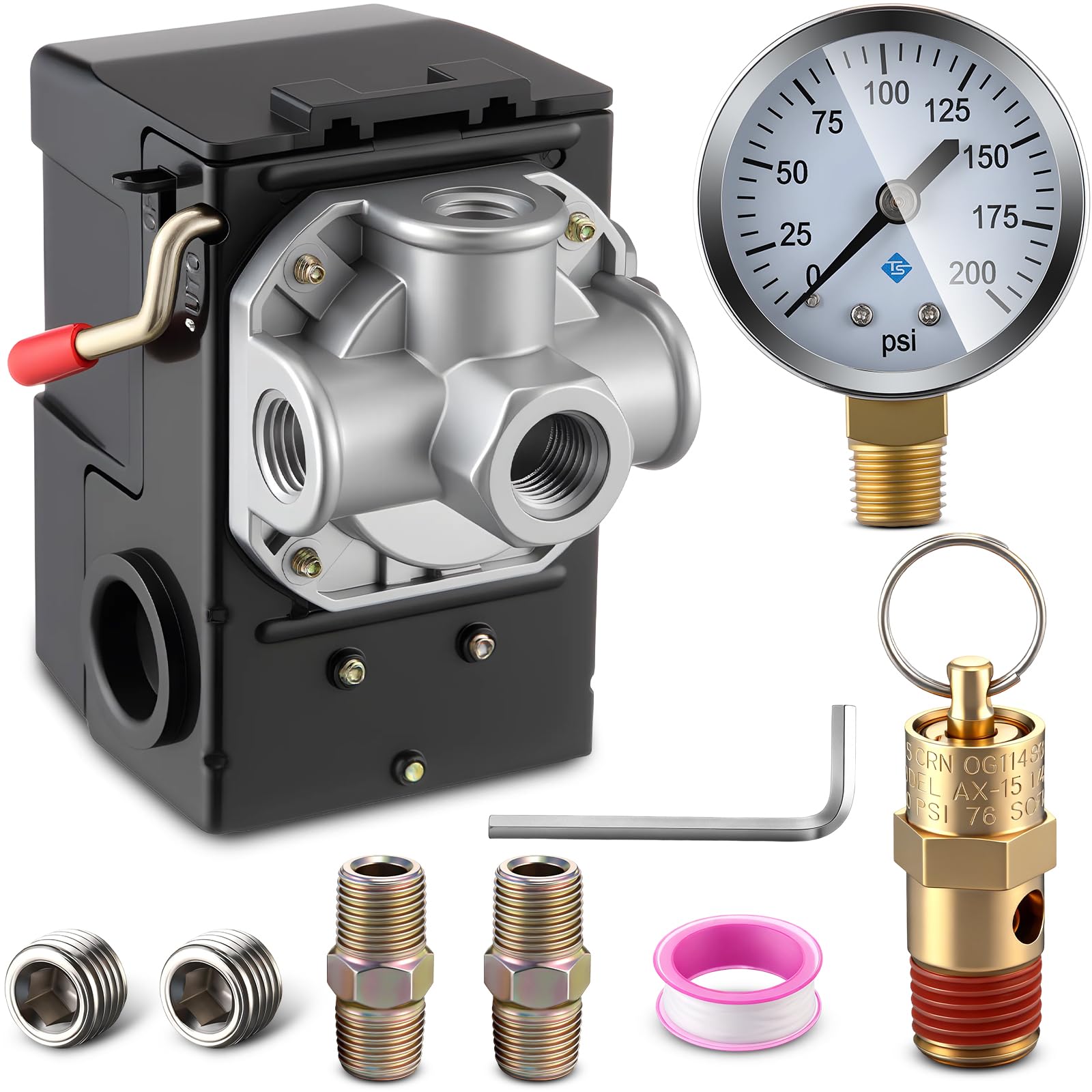 Photo 1 of Dreyoo Air Compressor Pressure Switch 90-120 4-Port 20 Amp with 0-200 PSI Gauge, 200 PSI Safety Relief Valve, with Plug & Fitting Kit, 1/4" NPT Replacement Pressure Switch Parts for Air Compressor