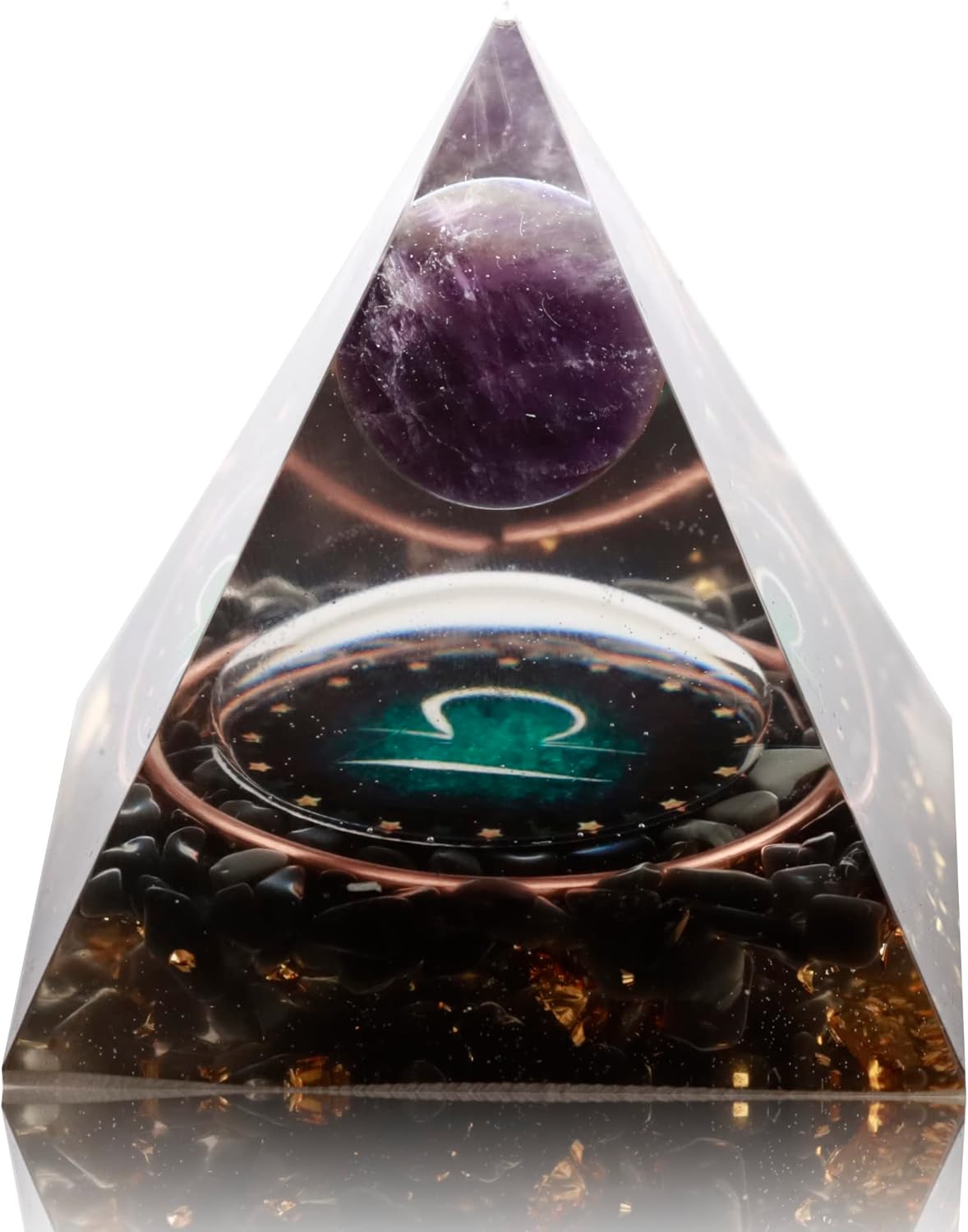 Mixed Media - 12 Zodiac Orgone Crystal Pyramid, Natural Amethyst with Obsidian,Healing Crystals Pyramid for Protection Chakra, Unique Constellation Pyramid for Positive Energy, Healing Money Health(Libra)