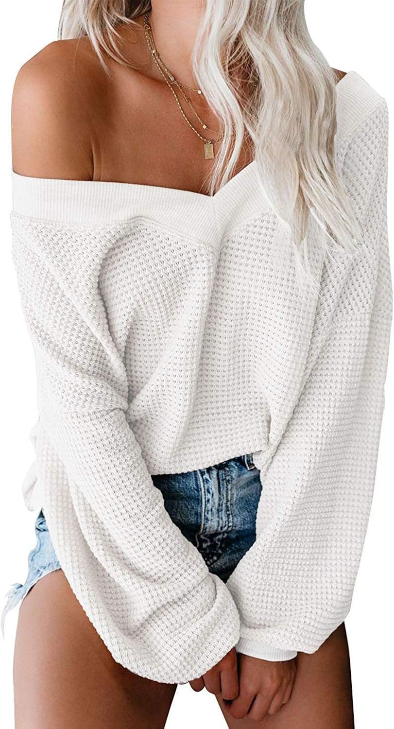 ReachMe Women's Oversized Off Shoulder Pullover Tops Long Sleeve Loose Fit Waffle Knit Tops at  Women’s Clothing store