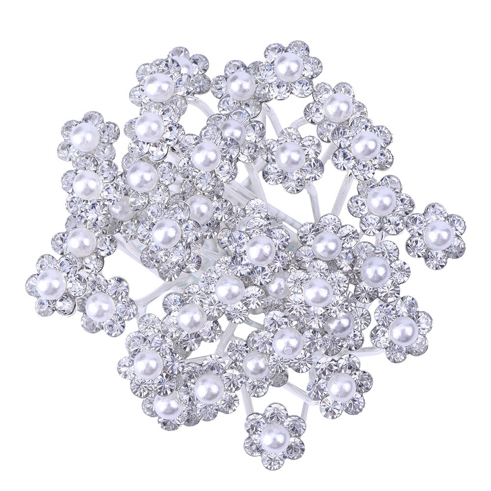 eBoot 40 Pack Wedding Bridal Pearl Flower Crystal Hair Pins Clips, White : Beauty