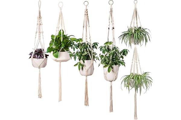 Macrame Plant Hangers 5 Pack, Handmade Natural Cotton Rope Hanging Planters for Indoor Plants, Odorless Not-Rotten Durable fo