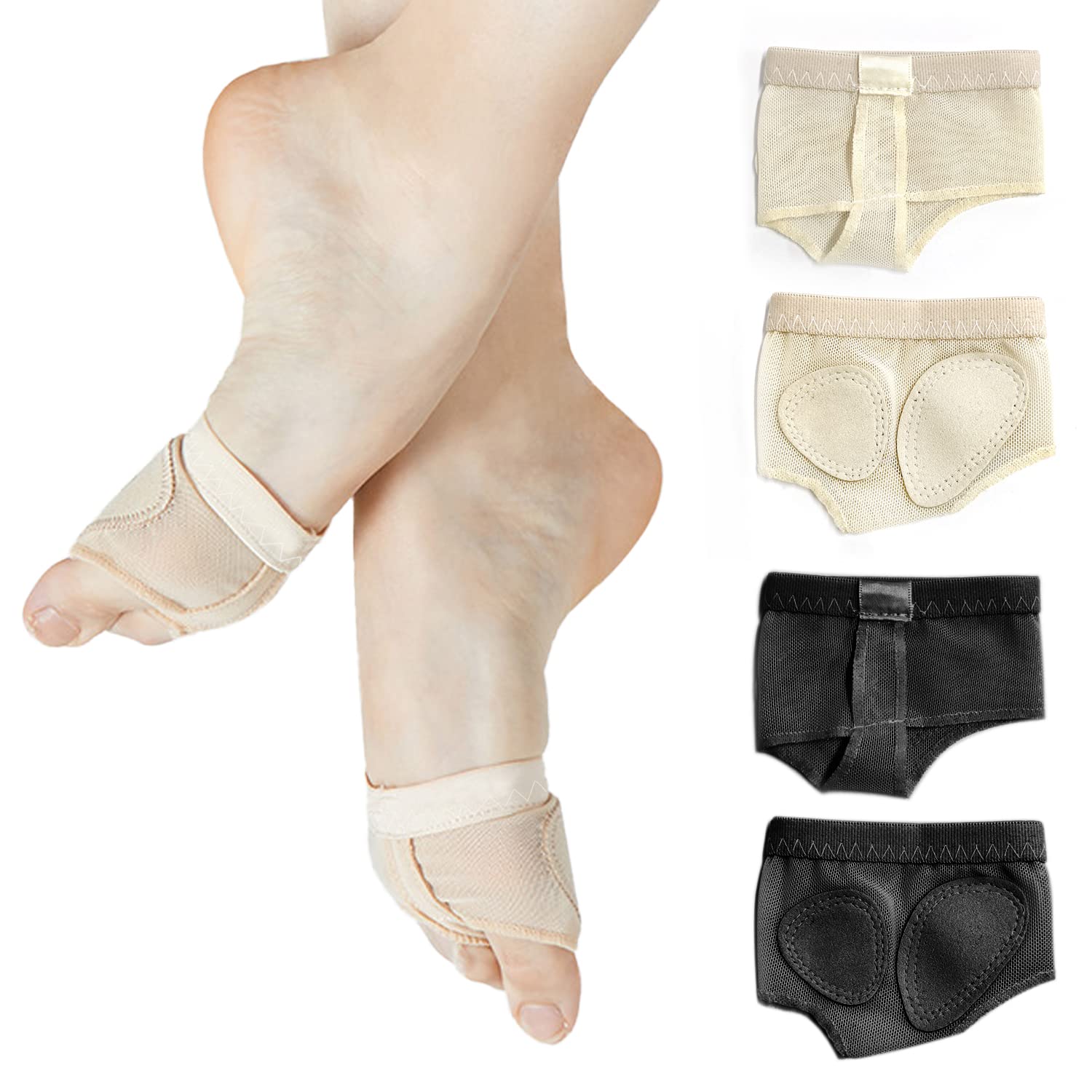 ZWZNBL 2-Pack Ballet Foot Thongs, Breathable Anti-Slip Forefoot Belly Foot Thongs, Protective Ballet Dance Shoes, Forefoot Toe Pad Support Socks for Belly Ballet Gym (Black & Skin Tone)