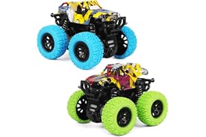 M SANMERSEN Monster Truck Toys for Ages 2-4, Friction Cars for Toddlers 1-3 Push and Go 360° Rotating Stunt Car for 2+ Year Old Boys Girls Gifts (2 Pack - Blue and Green)