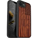Carveit Magnetic Wooden Case for iPhone 16e 2025, Solid Wood & Black TPU, Artisan Engraved Design, Shockproof Cover, Compatible with MagSafe Wireless Chargers, American Flag - Rosy