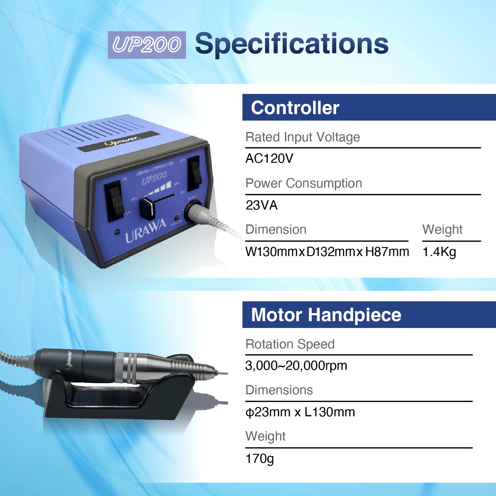 [Upower] UP200 Professional Nail Drill Machine, 20000 RPM Electric File for Nails, Low Noise & Low Vibration (Made in Japan) Produced by URAWA Corp.