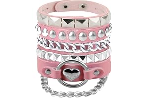 TOSMIFAIRY 3Pcs Soft Leather Bracelets with Heart/Pyramid/Chain, Emo Punk Wrap Wrist Cuffs Jewelry Accessories Gothic Gift for Vintage Women