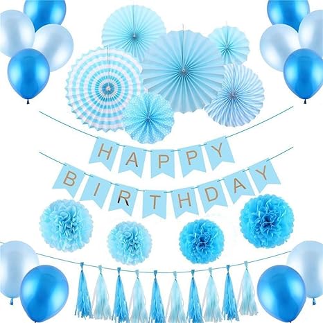 Amazon Co Jp Ipalmay 誕生日 飾り付け 超豪華33点 ブルー系 セット Happy Birthdayガーランド ペーパーファン ペーパーフラワー 風船 バルーン セット ブルー おもちゃ